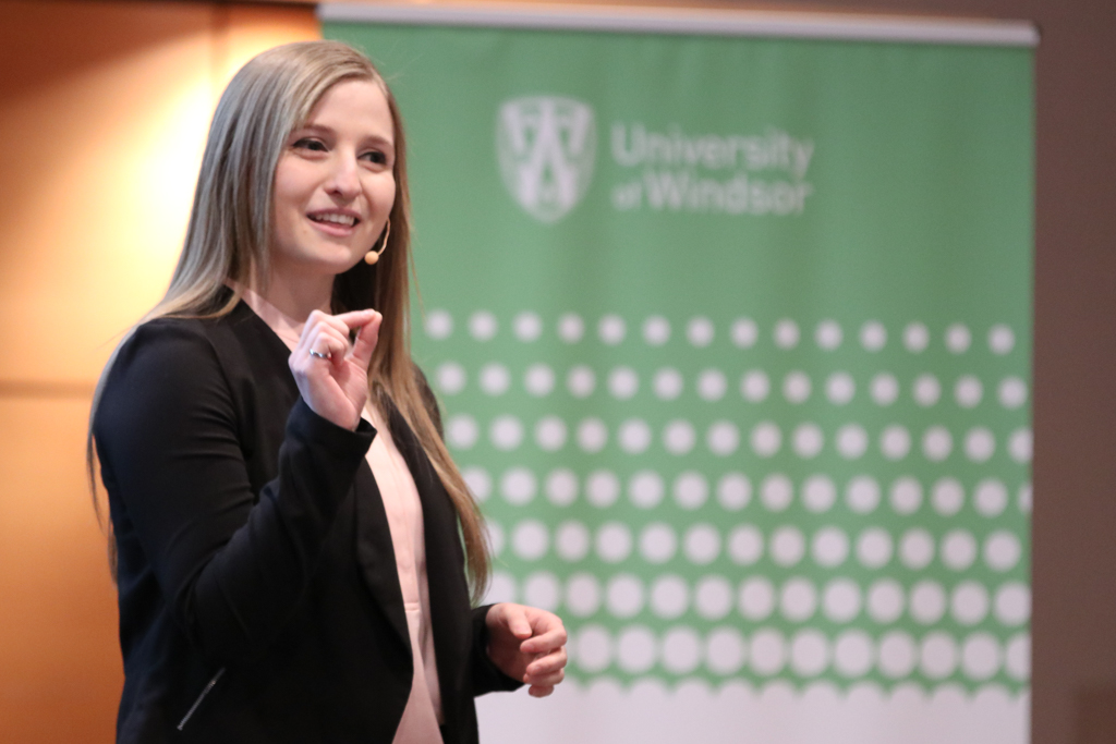 Liza-Anastasia DiCecco, mechanical, automotive and materials engineering master's student, presents during the Three Minute Thesis competition at the University of Windsor on March 26, 2018.