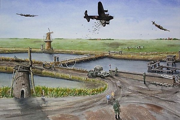 painting of the Bad Penny bomber dropping food bundles over Netherlands