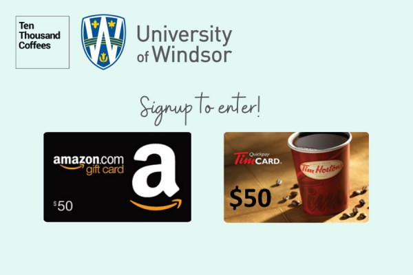 graphic displaying UWindsor Ten Thousand Coffees network and giftcards offered as p[rizes