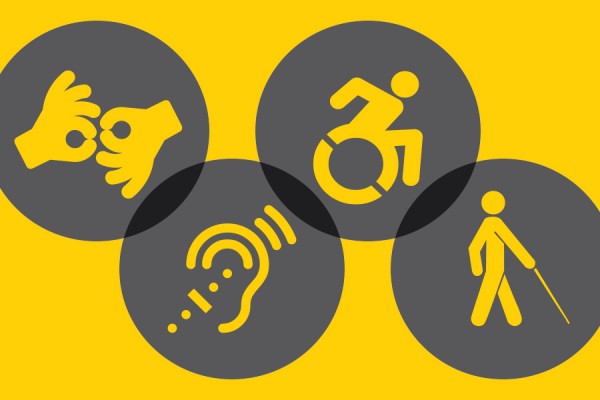icons representing accessibility: sign language, person in wheelchair, person with cane