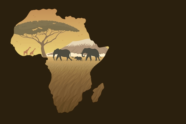 map of africa with acacia tree, giraffes, elephant superimposed