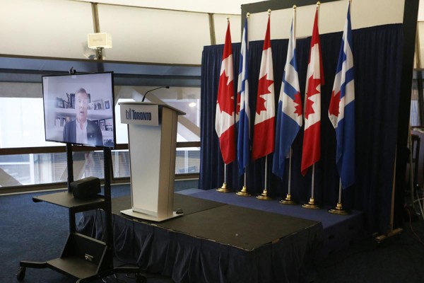 an empty podium in a city hall