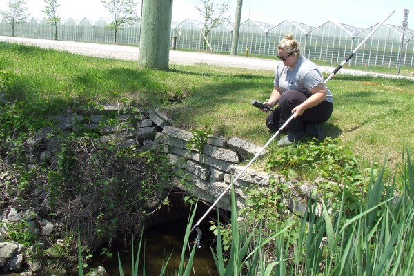 Mackenzie Porter of the Essex Region Conservation Authority measures water quality in a waterway adjacent to a greenhouse operation.