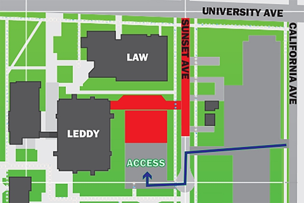 map illustrating access to Leddy parking lot