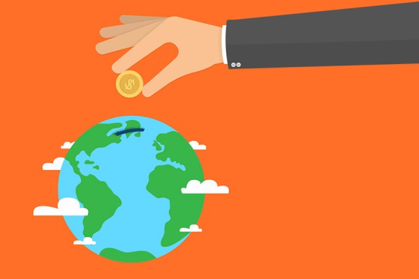 cartoon hand depositing money into globe