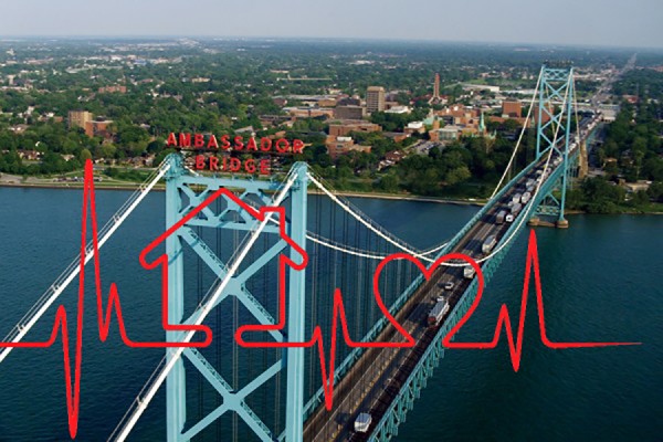 image of Ambassador Bridge superimposed with heart monitor read-out