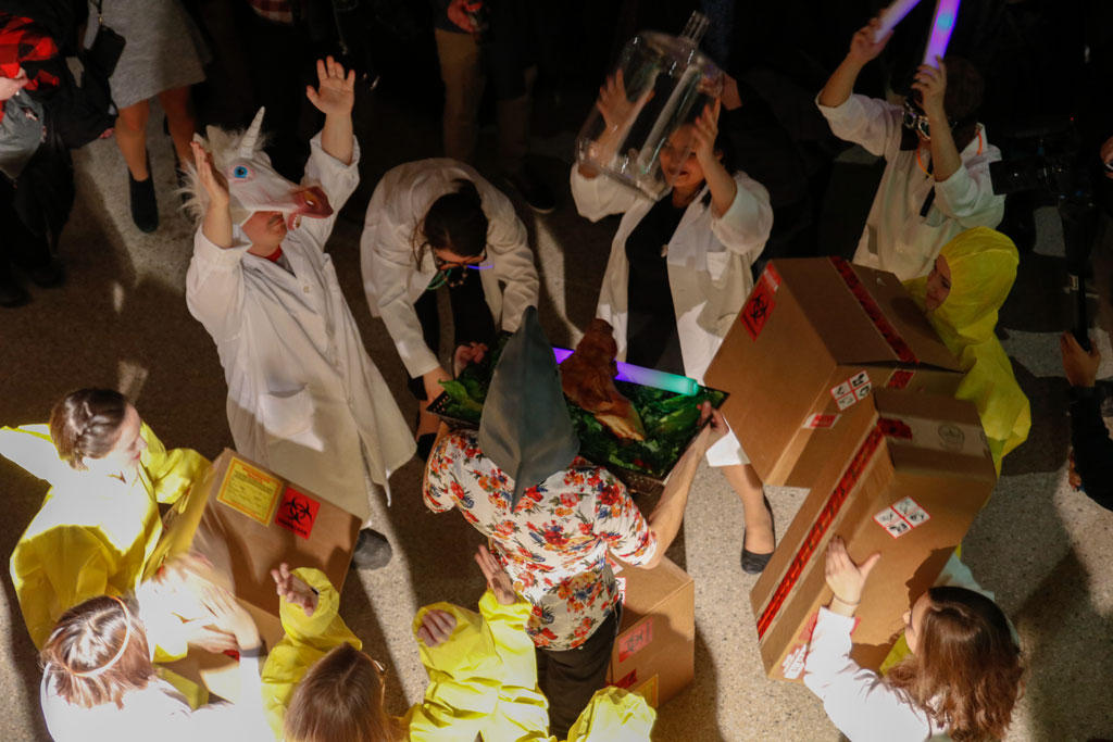 Partygoers celebrate during Feasting the Lab on Jan. 20, 2018.