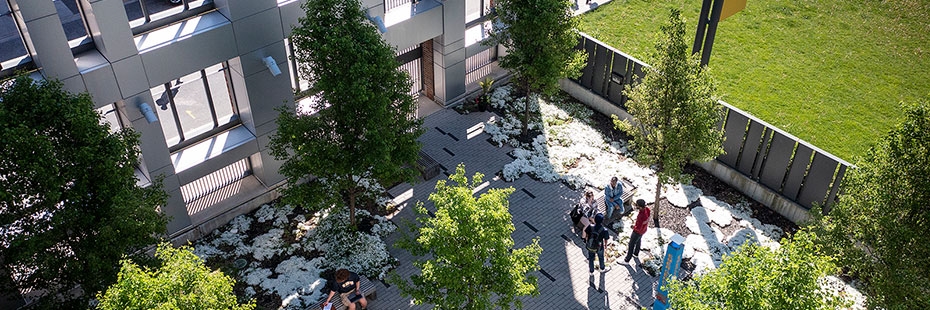 Students gather in the courtyard of the University of Windsor's Windsor Hall.