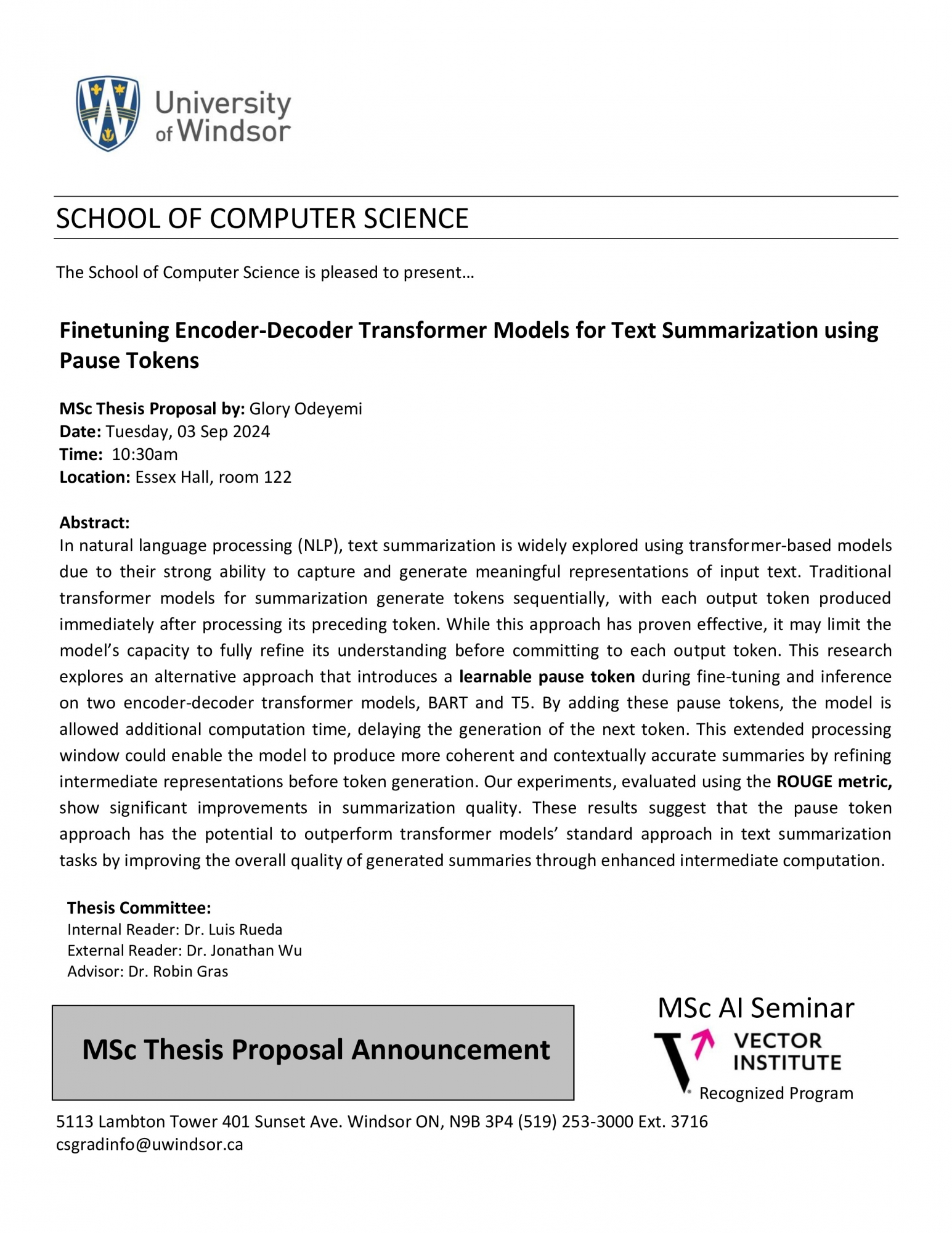 Finetuning Encoder-Decoder Transformer Models for Text Summarization using Pause Tokens - MSc Thesis Proposal by: Glory Odeyemi