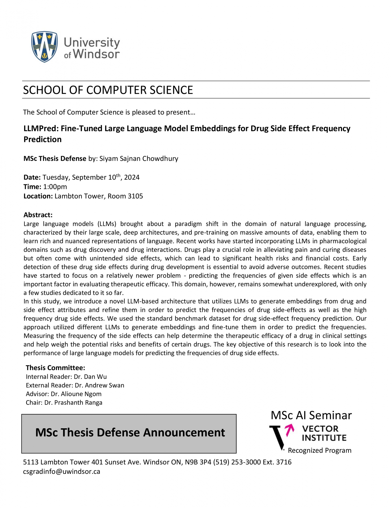 LLMPred: Fine-Tuned Large Language Model Embeddings for Drug Side Effect Frequency Prediction - MSc Thesis Defense by: Siyam Sajnan Chowdhury