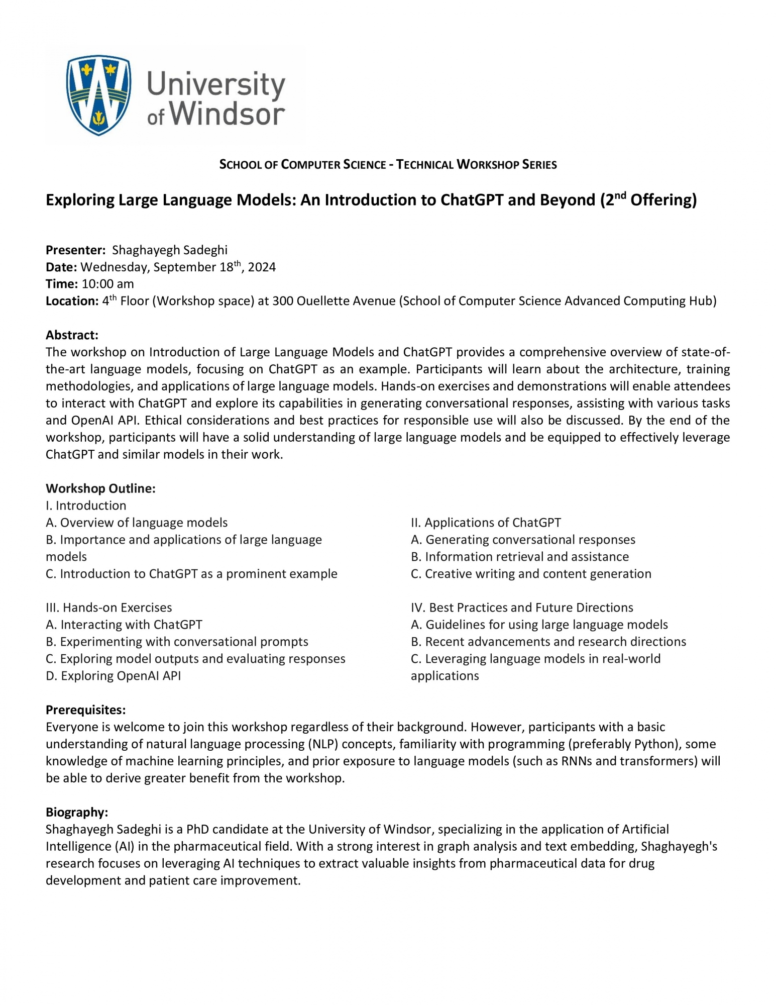 Technical Workshop - Exploring Large Language Models: An Introduction to ChatGPT and Beyond (2nd Offering) by: Shaghayegh Sadeghi