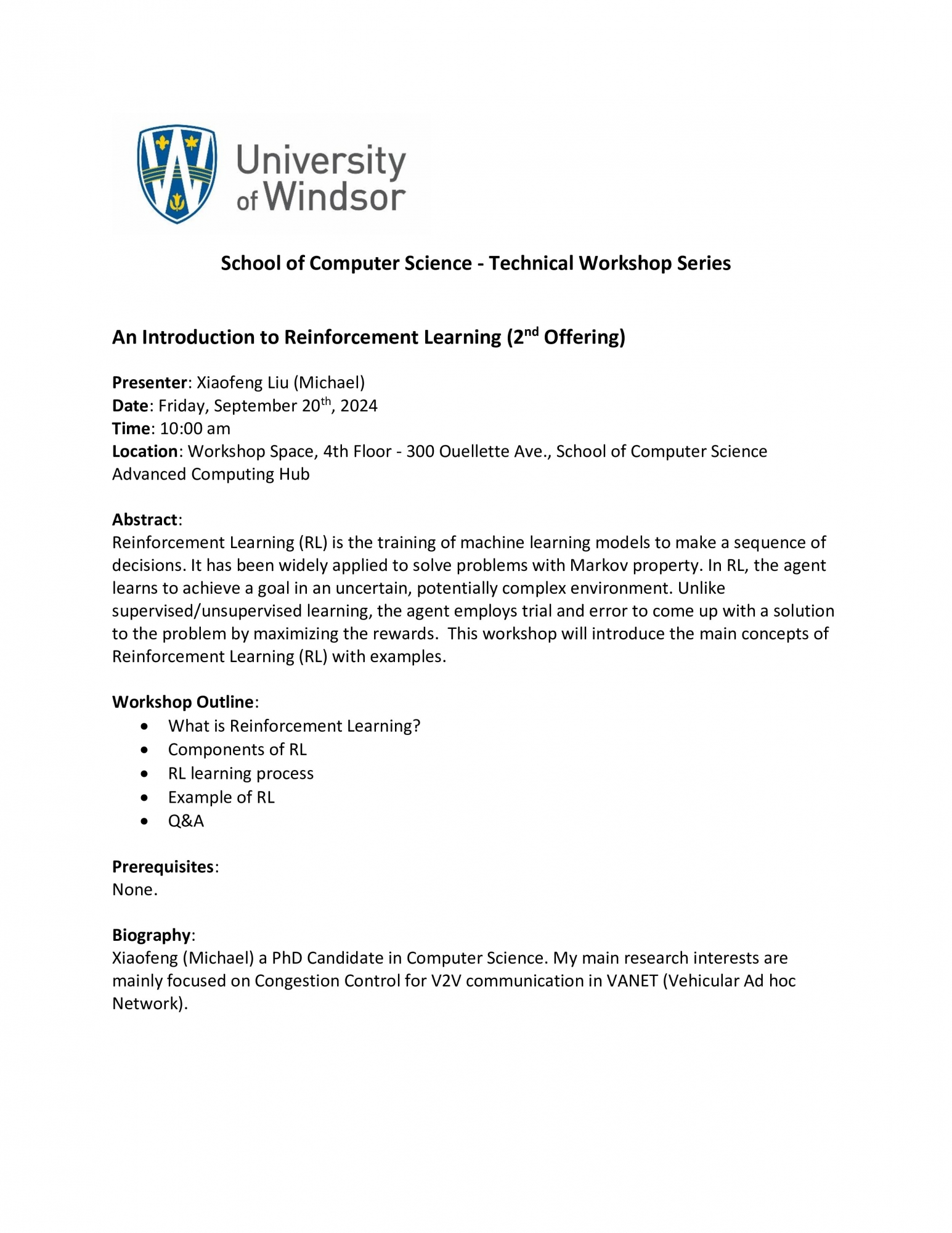 Technical Workshop - Introduction to Reinforcement Learning (2nd Offering) by Xiaofeng Liu (Michael)