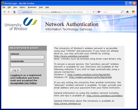 screen shot of UWin Wireless login page